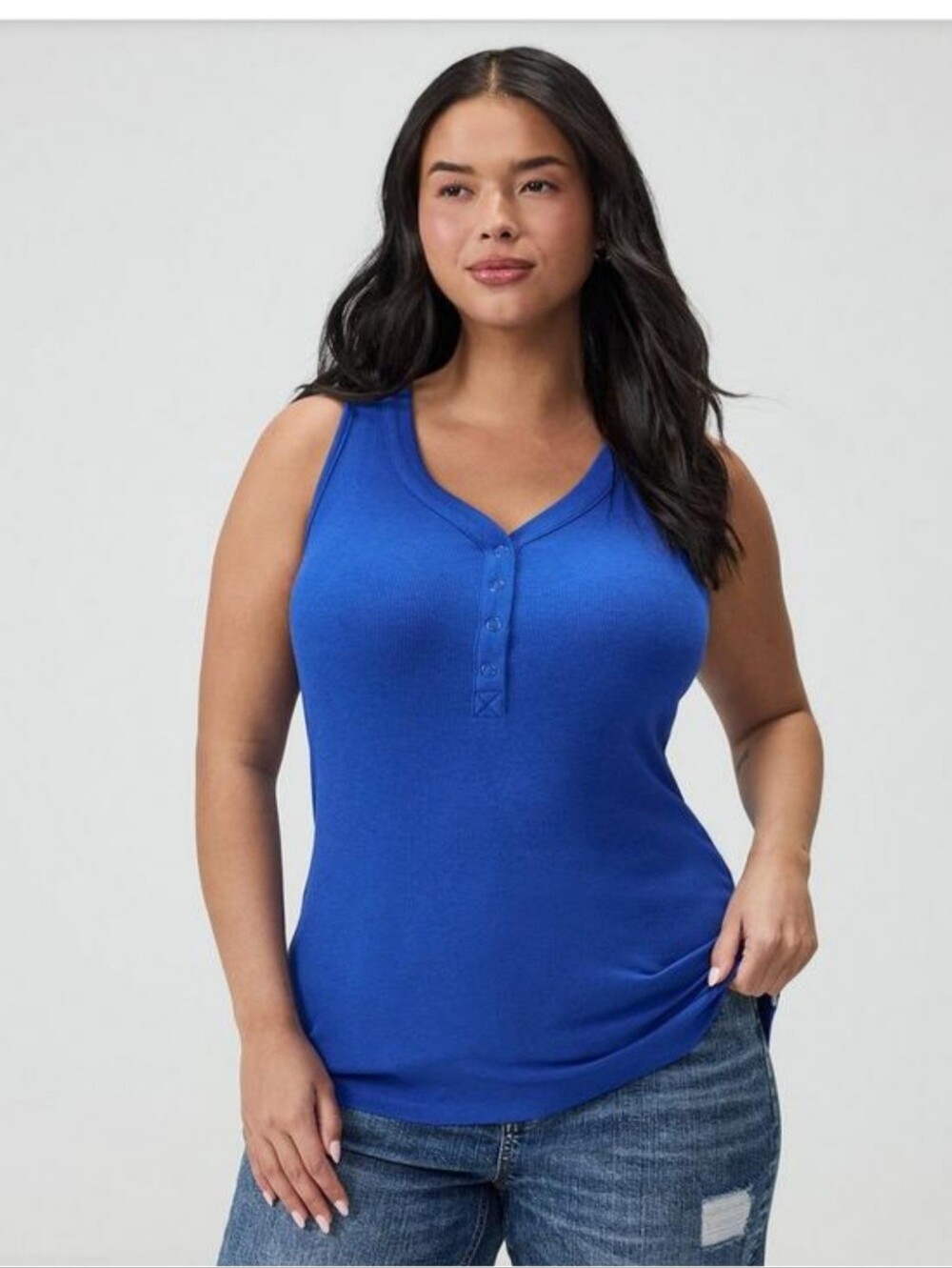 Torrid Cotton Modal Curved Henley Sleeveless Top Bright Blue 3x